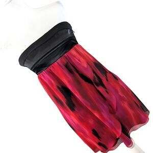 BEBE! 2B! BLACK SATIN BODICE, RED, PURPLE & BLACK ABSTRACT CHIFFON DRESS! SZ S